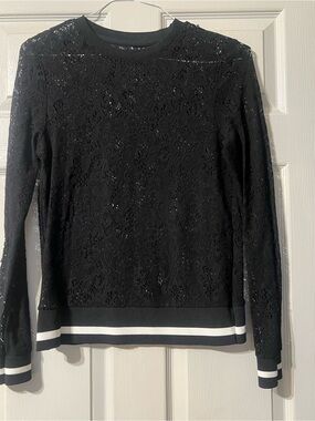Black Lace Long-Sleeve Pullover with Stripe Trim